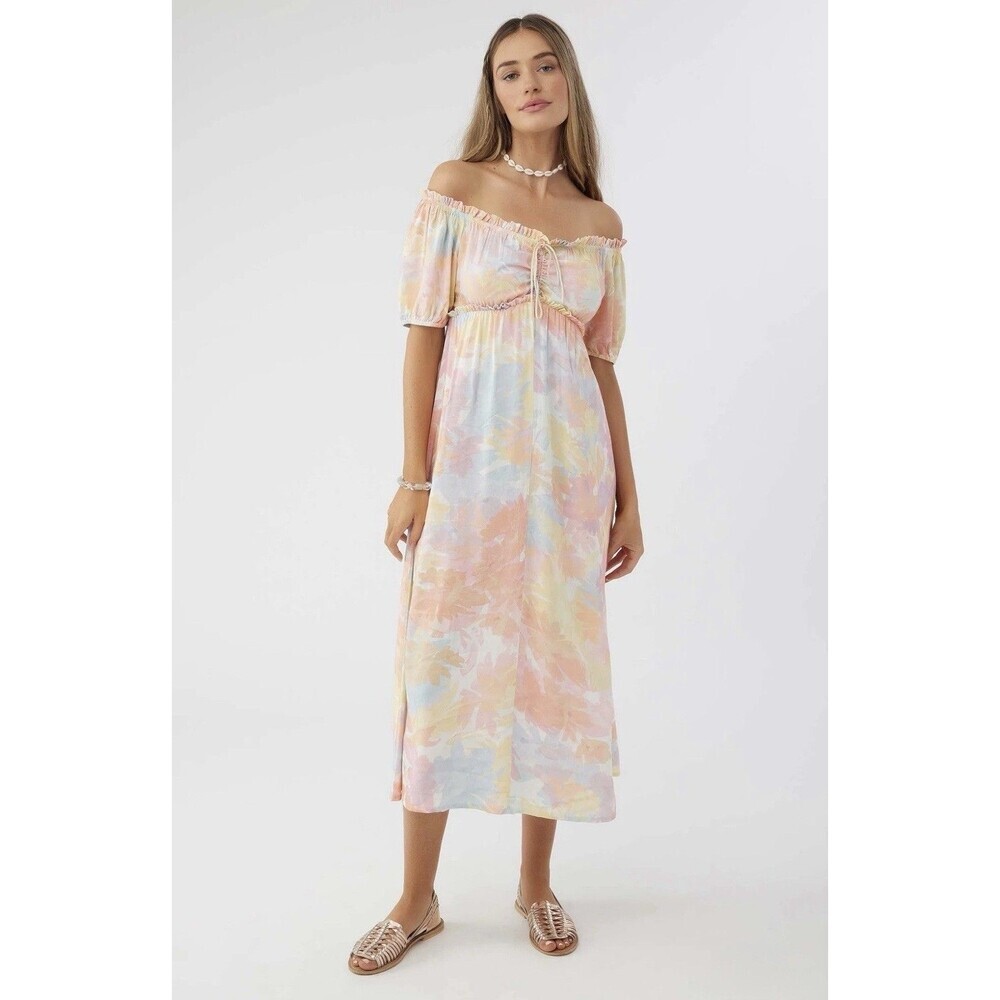 Oneill Womens Large Colorful Floral Boho Babydoll Midi Dress Beach Vacation
